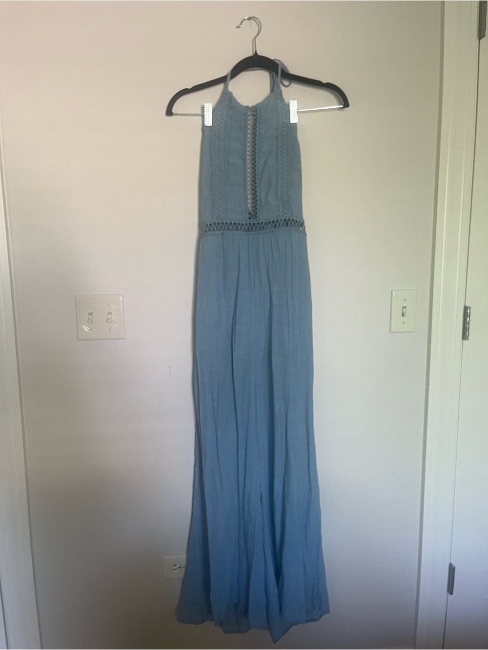 Sky Blue Halter Crochet-Waist Wide-Leg Jumpsuit